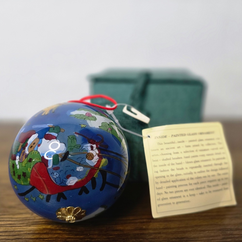 Painted Glass Christmas Ornament‎ Santa Claus Sleigh Ride Blue